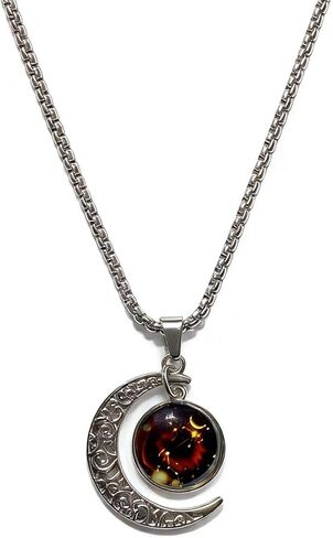 Stainless Steel Mens Necklace 12 Zodiac Moon Galaxy Pendant Necklace,22.8 Inch Stainless Steel Chain, 1.13 Inch Aries/Pisces Celestial Crescent Moon Star Sign Charm Jewelry in Saudi Arabia