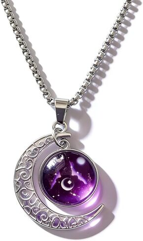 Stainless Steel Mens Necklace 12 Zodiac Moon Galaxy Pendant Necklace,22.8 Inch Stainless Steel Chain, 1.13 Inch Aries/Pisces Celestial Crescent Moon Star Sign Charm Jewelry in Saudi Arabia