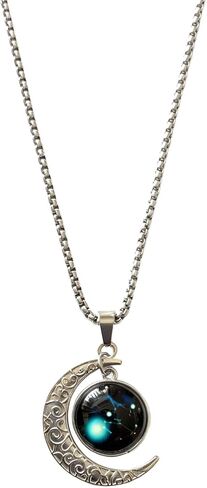 Stainless Steel Mens Necklace 12 Zodiac Moon Galaxy Pendant Necklace,22.8 Inch Stainless Steel Chain, 1.13 Inch Aries/Pisces Celestial Crescent Moon Star Sign Charm Jewelry in Saudi Arabia