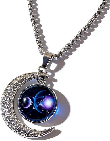 Stainless Steel Mens Necklace 12 Zodiac Moon Galaxy Pendant Necklace,22.8 Inch Stainless Steel Chain, 1.13 Inch Aries/Pisces Celestial Crescent Moon Star Sign Charm Jewelry in Saudi Arabia