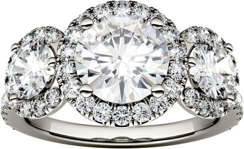 Charles & Colvard 14K White Gold Moissanite Round Three Stone Halo Engagement Ring, 3.09cttw DEW in Kuwait