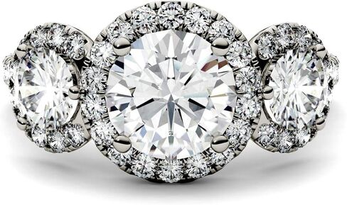 Charles & Colvard 14K White Gold Moissanite Round Three Stone Halo Engagement Ring, 3.09cttw DEW in Kuwait
