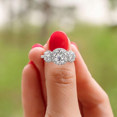 Charles & Colvard 14K White Gold Moissanite Round Three Stone Halo Engagement Ring, 3.09cttw DEW in Kuwait