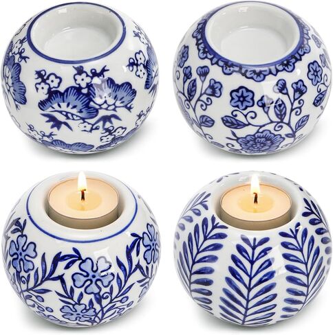 Okllen Set of 4 Blue and White Decor Ceramic Tealight Holders, Chinoiserie Decor Votive Candle Holders for Wedding Party Centerpiece, Holiday Home Table Decor, 1.8" Dx2.75 H in Saudi Arabia