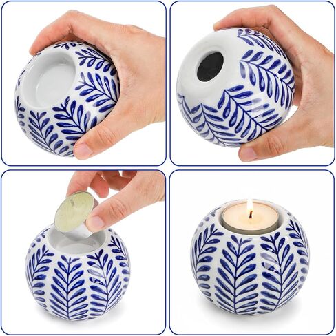 Okllen Set of 4 Blue and White Decor Ceramic Tealight Holders, Chinoiserie Decor Votive Candle Holders for Wedding Party Centerpiece, Holiday Home Table Decor, 1.8" Dx2.75 H in Saudi Arabia