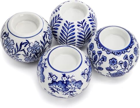 Okllen Set of 4 Blue and White Decor Ceramic Tealight Holders, Chinoiserie Decor Votive Candle Holders for Wedding Party Centerpiece, Holiday Home Table Decor, 1.8" Dx2.75 H in Saudi Arabia