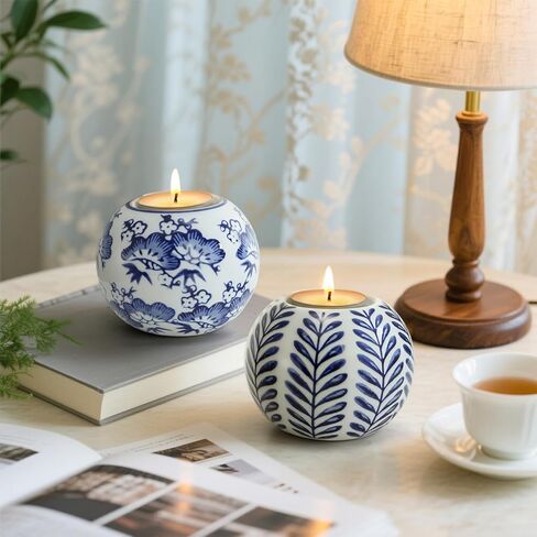 Okllen Set of 4 Blue and White Decor Ceramic Tealight Holders, Chinoiserie Decor Votive Candle Holders for Wedding Party Centerpiece, Holiday Home Table Decor, 1.8" Dx2.75 H in Saudi Arabia