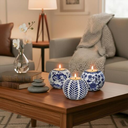 Okllen Set of 4 Blue and White Decor Ceramic Tealight Holders, Chinoiserie Decor Votive Candle Holders for Wedding Party Centerpiece, Holiday Home Table Decor, 1.8" Dx2.75 H in Saudi Arabia