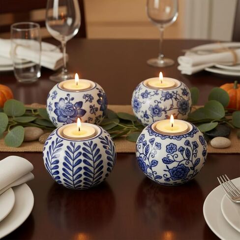 Okllen Set of 4 Blue and White Decor Ceramic Tealight Holders, Chinoiserie Decor Votive Candle Holders for Wedding Party Centerpiece, Holiday Home Table Decor, 1.8" Dx2.75 H in Saudi Arabia