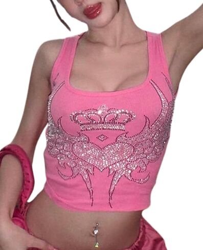 Tank Tops for Women Girls Heart Graphic Rhinestone U-Neck Sleeveless Tops Coquett Summer Mcbling Clothes in Saudi Arabia