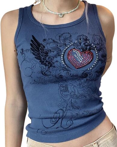 Tank Tops for Women Girls Heart Graphic Rhinestone U-Neck Sleeveless Tops Coquett Summer Mcbling Clothes in Saudi Arabia