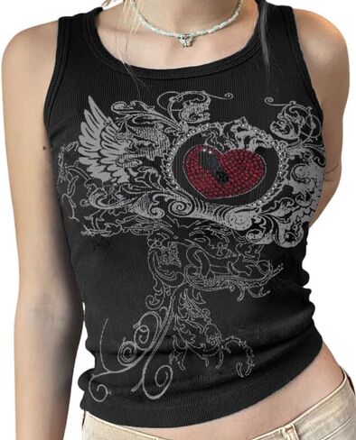 Tank Tops for Women Girls Heart Graphic Rhinestone U-Neck Sleeveless Tops Coquett Summer Mcbling Clothes in Saudi Arabia