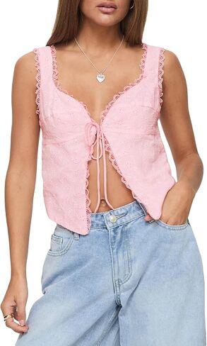 Women Y2K Tie Front Split Cami Crop Top Eyelet Sleeveless Backelss Lace Trim Tank Top Open Front Top in Saudi Arabia