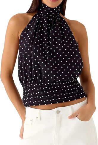 Womens Cinched Elastic Waist High Halter Neck Tie Open Back Bubble Tank Top Y2k Cute Slim Fit Backless Crop Tops in Saudi Arabia