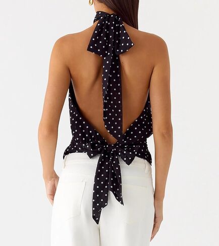 Womens Cinched Elastic Waist High Halter Neck Tie Open Back Bubble Tank Top Y2k Cute Slim Fit Backless Crop Tops in Saudi Arabia
