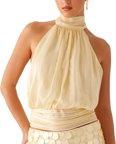 Womens Cinched Elastic Waist High Halter Neck Tie Open Back Bubble Tank Top Y2k Cute Slim Fit Backless Crop Tops in Saudi Arabia