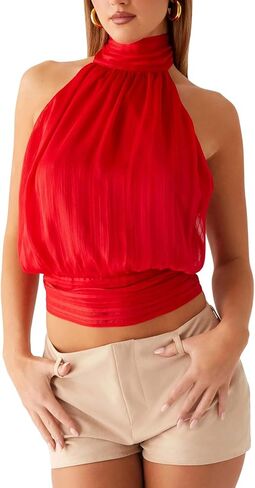 Womens Cinched Elastic Waist High Halter Neck Tie Open Back Bubble Tank Top Y2k Cute Slim Fit Backless Crop Tops in Saudi Arabia