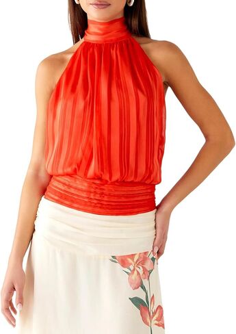 Womens Cinched Elastic Waist High Halter Neck Tie Open Back Bubble Tank Top Y2k Cute Slim Fit Backless Crop Tops in Saudi Arabia