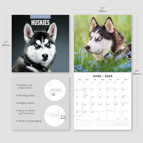 Red Robin 2026 Huskies Monthly Wall Calendar | 12" x 24" Open | Premium Thick & Sturdy Paper | Hangable 12 Month Calendar | Lined Notes & To Do Area | Vivid Images | Plastic Free in Saudi Arabia