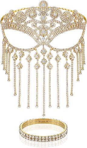 3 Pcs Masquerade Jewelry Set for Women Tassel Mask Fringe Masquerade Mask Veil Face Chain Rhinestone Crystal Necklace Bracelet for Wedding Party Prom Cosplay Halloween Costume Accessories in Kuwait