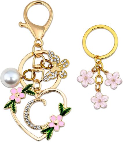 Initial Letter Keychain for Women with Butterfly Pendant Cubic Zirconia Heart Keyring Flower Charm for Wallet in Saudi Arabia