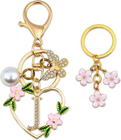 Initial Letter Keychain for Women with Butterfly Pendant Cubic Zirconia Heart Keyring Flower Charm for Wallet in Saudi Arabia