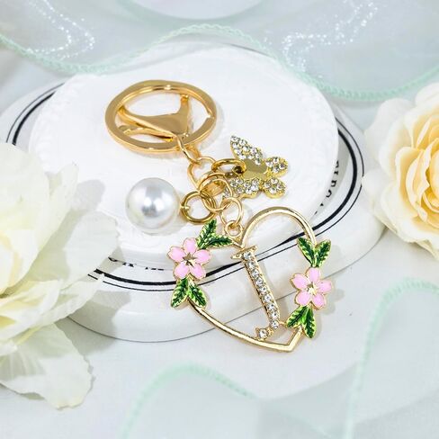 Initial Letter Keychain for Women with Butterfly Pendant Cubic Zirconia Heart Keyring Flower Charm for Wallet in Saudi Arabia