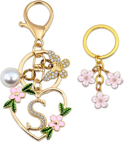 Initial Letter Keychain for Women with Butterfly Pendant Cubic Zirconia Heart Keyring Flower Charm for Wallet in Saudi Arabia
