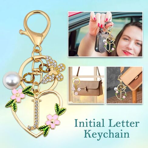 Initial Letter Keychain for Women with Butterfly Pendant Cubic Zirconia Heart Keyring Flower Charm for Wallet in Saudi Arabia