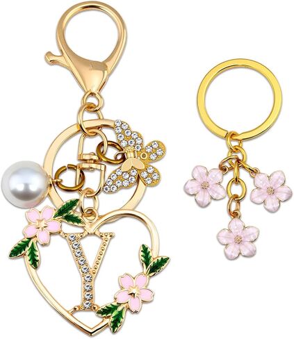 Initial Letter Keychain for Women with Butterfly Pendant Cubic Zirconia Heart Keyring Flower Charm for Wallet in Saudi Arabia