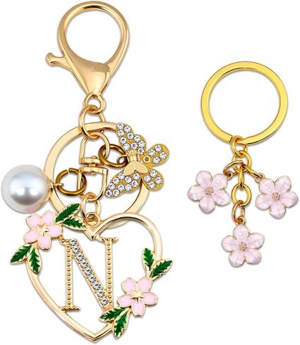 Initial Letter Keychain for Women with Butterfly Pendant Cubic Zirconia Heart Keyring Flower Charm for Wallet in Saudi Arabia