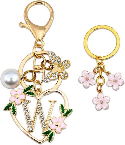 Initial Letter Keychain for Women with Butterfly Pendant Cubic Zirconia Heart Keyring Flower Charm for Wallet in Saudi Arabia