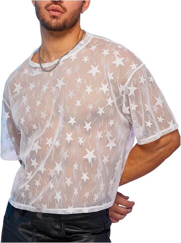 WDIRARA Men's Star Graphic Sheer Mesh T Shirt Oversized Short Sleeve Tee See Through Party Club Tops in Saudi Arabia