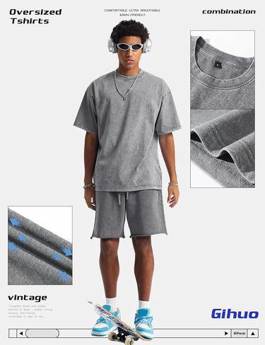 Gihuo 3 Pack Oversized T-Shirts for Men Acid Wash Vintage Tees Workout Tank Tops Casual Streetwear Baggy Cotton Tops in Saudi Arabia