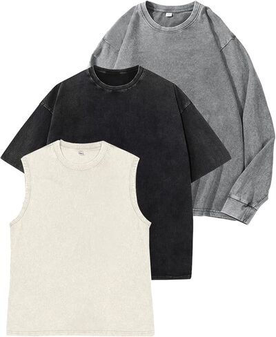 Gihuo 3 Pack Oversized T-Shirts for Men Acid Wash Vintage Tees Workout Tank Tops Casual Streetwear Baggy Cotton Tops in Saudi Arabia
