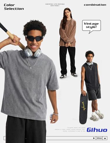 Gihuo 3 Pack Oversized T-Shirts for Men Acid Wash Vintage Tees Workout Tank Tops Casual Streetwear Baggy Cotton Tops in Saudi Arabia