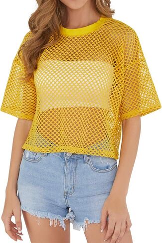 CLOZOZ Women's Mesh Cover Up See Through Fishnet T-Shirt Crop Top in Kuwait