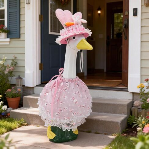 Easter Bunny Porch Goose Outfits Pink Tulle Skirt for 23" Cement Plastic Goose Statue Elegant Dress for Easter Decor（ Pink） in Saudi Arabia