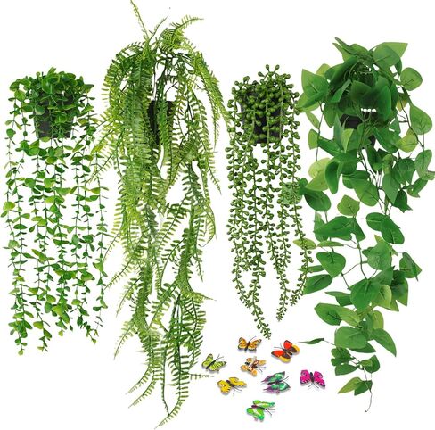 Fake Plants 4 Pack Artificial Hanging Plants, Fake Potted Greenery Faux Eucalyptus, Boston Fern, String of Pearls, Pothos for Living Room Bedroom Boho Wall Shelf Indoor Outdoor Decor in Saudi Arabia