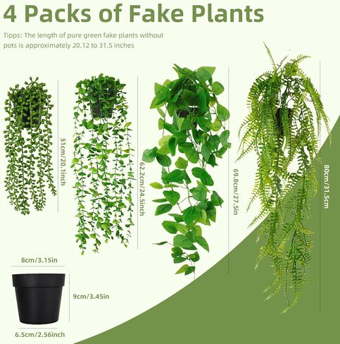 Fake Plants 4 Pack Artificial Hanging Plants, Fake Potted Greenery Faux Eucalyptus, Boston Fern, String of Pearls, Pothos for Living Room Bedroom Boho Wall Shelf Indoor Outdoor Decor in Saudi Arabia