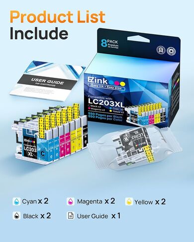 استبدال خرطوشة الحبر المتوافقة مع E-Z Ink LC203XL لاستبدال Brother LC203 XL LC201 لـ MFC-4320DW MFC-J4420DW MFC-J4620DW MFC-J460DW MFC-J480DW (أسود، سماوي، أرجواني، أصفر، 8 عبوات) in Kuwait