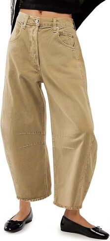 بنطلون جينز نسائي فضفاض عتيق ذو قصة واسعة ومتوسط ​​الارتفاع من قماش الدنيم عند الكاحل in Kuwait