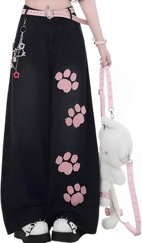 Kawaii Fashion High Waisted Wide Leg Jeans Y2K Casual Harajuku Cute Cat's Claw Patchwork Pants for Women in Kuwait