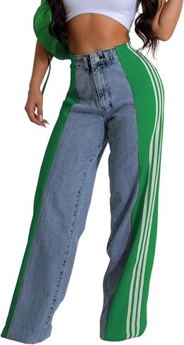 XZLUFNY Women's Jeans Two Tone Patchwork Striped Denim Pant Color Block Straight Wide Leg Trousers in Kuwait