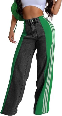 XZLUFNY Women's Jeans Two Tone Patchwork Striped Denim Pant Color Block Straight Wide Leg Trousers in Saudi Arabia