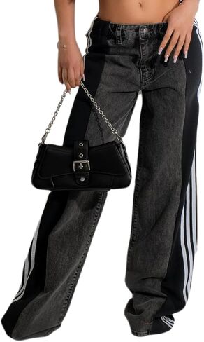XZLUFNY Women's Jeans Two Tone Patchwork Striped Denim Pant Color Block Straight Wide Leg Trousers in Saudi Arabia