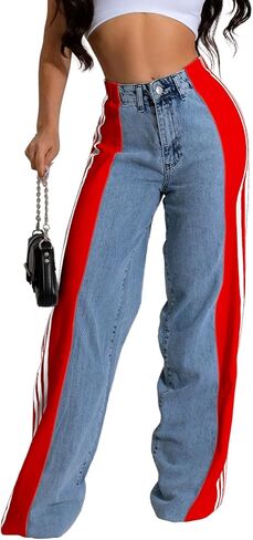 XZLUFNY Women's Jeans Two Tone Patchwork Striped Denim Pant Color Block Straight Wide Leg Trousers in Saudi Arabia