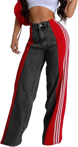 XZLUFNY Women's Jeans Two Tone Patchwork Striped Denim Pant Color Block Straight Wide Leg Trousers in Saudi Arabia