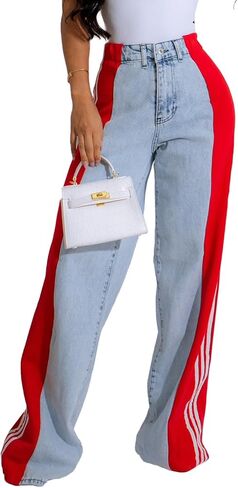 XZLUFNY Women's Jeans Two Tone Patchwork Striped Denim Pant Color Block Straight Wide Leg Trousers in Saudi Arabia