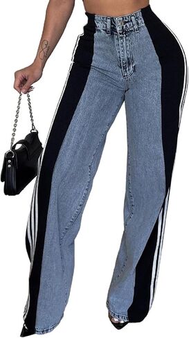 XZLUFNY Women's Jeans Two Tone Patchwork Striped Denim Pant Color Block Straight Wide Leg Trousers in Saudi Arabia